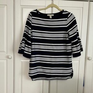 Lark & Ro Navy White Striped Bell Sleeve Boat Neck Knit Top Womens M